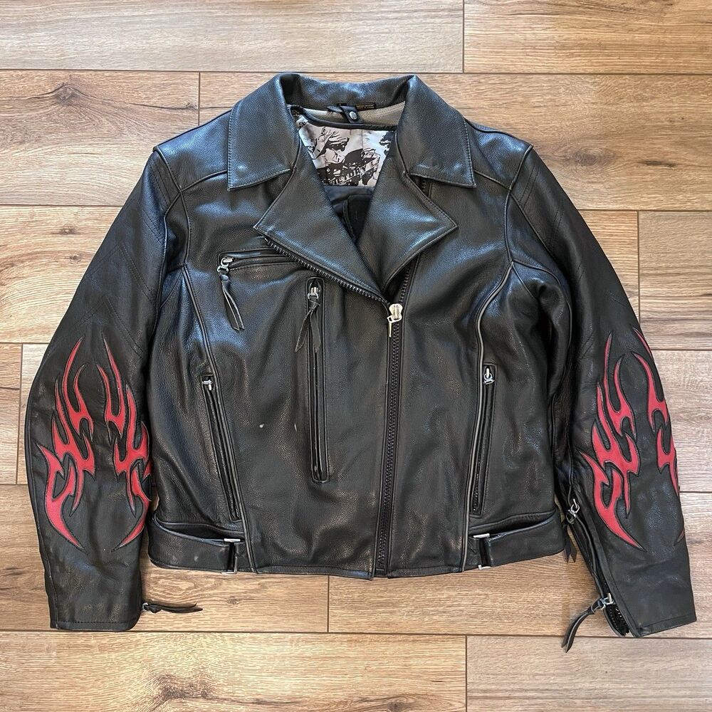 First Gear Black Leather Flames Motorcycle Riding Biker Jacket Women's L w/Liner
